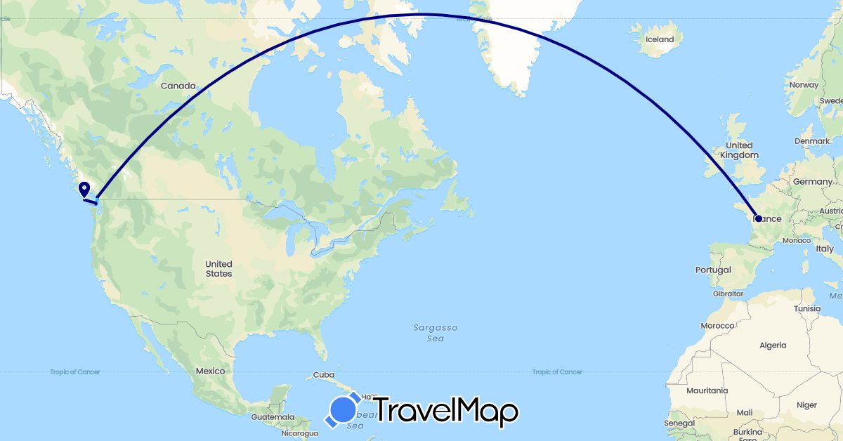 TravelMap itinerary: driving, boat in Canada, France (Europe, North America)
