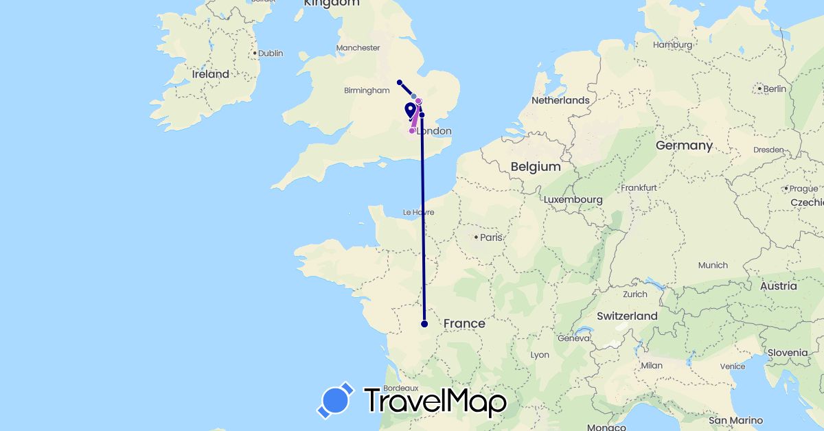 TravelMap itinerary: driving, plane, cycling, train in France, United Kingdom (Europe)